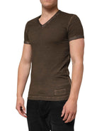 Dolce & Gabbana Dark Brown Cotton Tattered Logo Men T-shirt