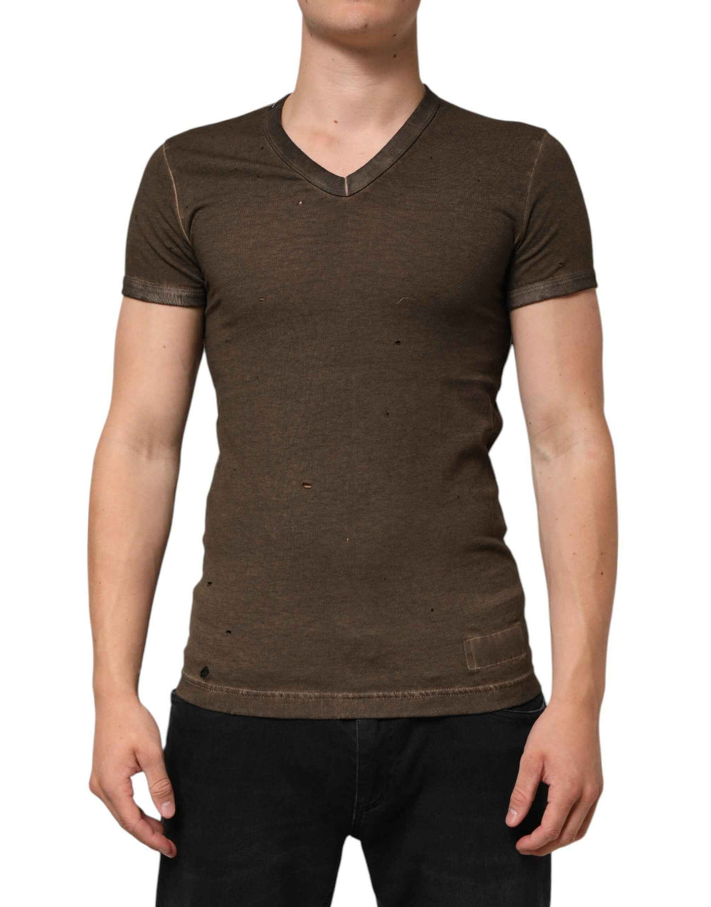 Dolce & Gabbana Dark Brown Cotton Tattered Logo Men T-shirt