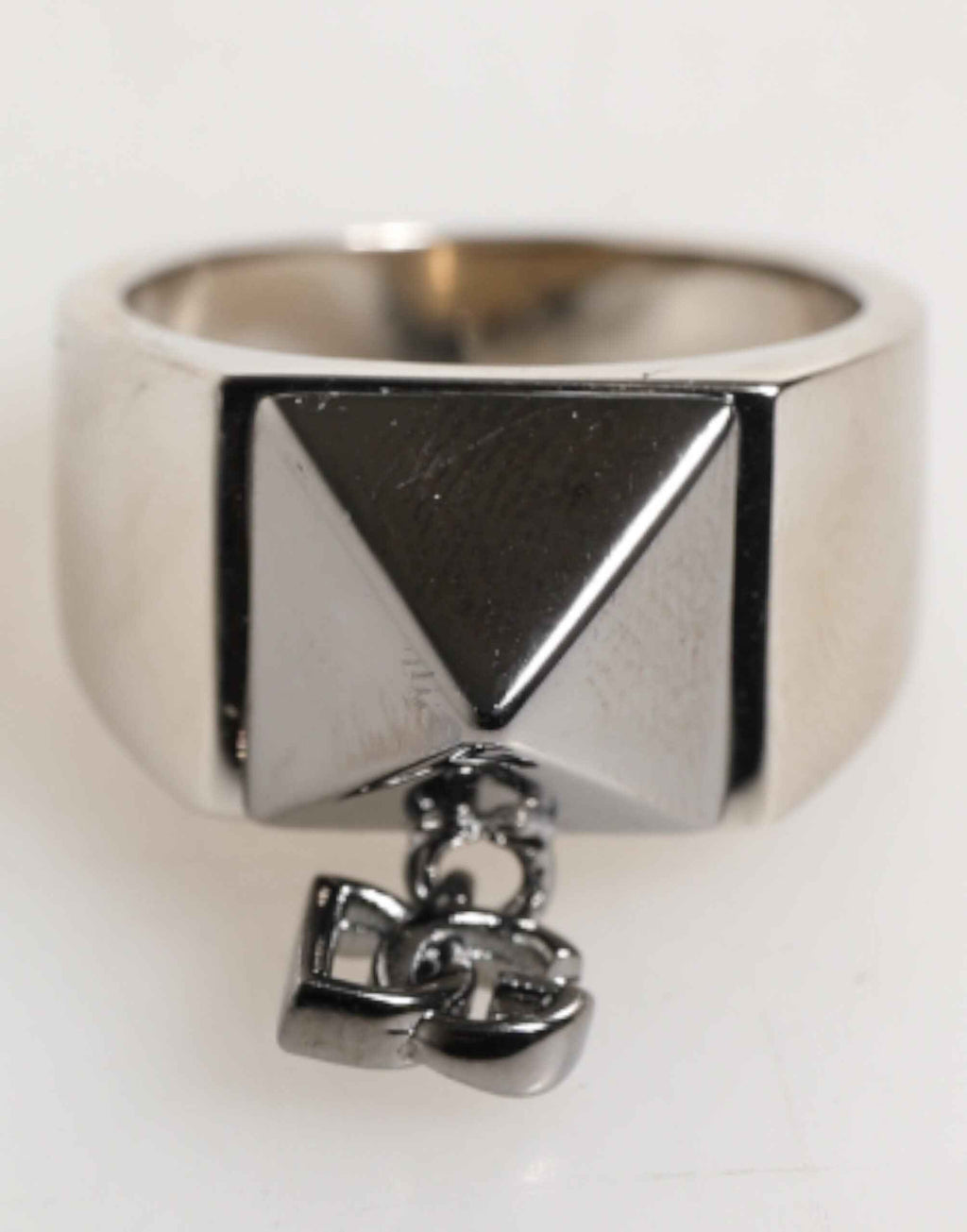 Dolce & Gabbana Silver Tone Pyramid DG Logo Real Brass Ring