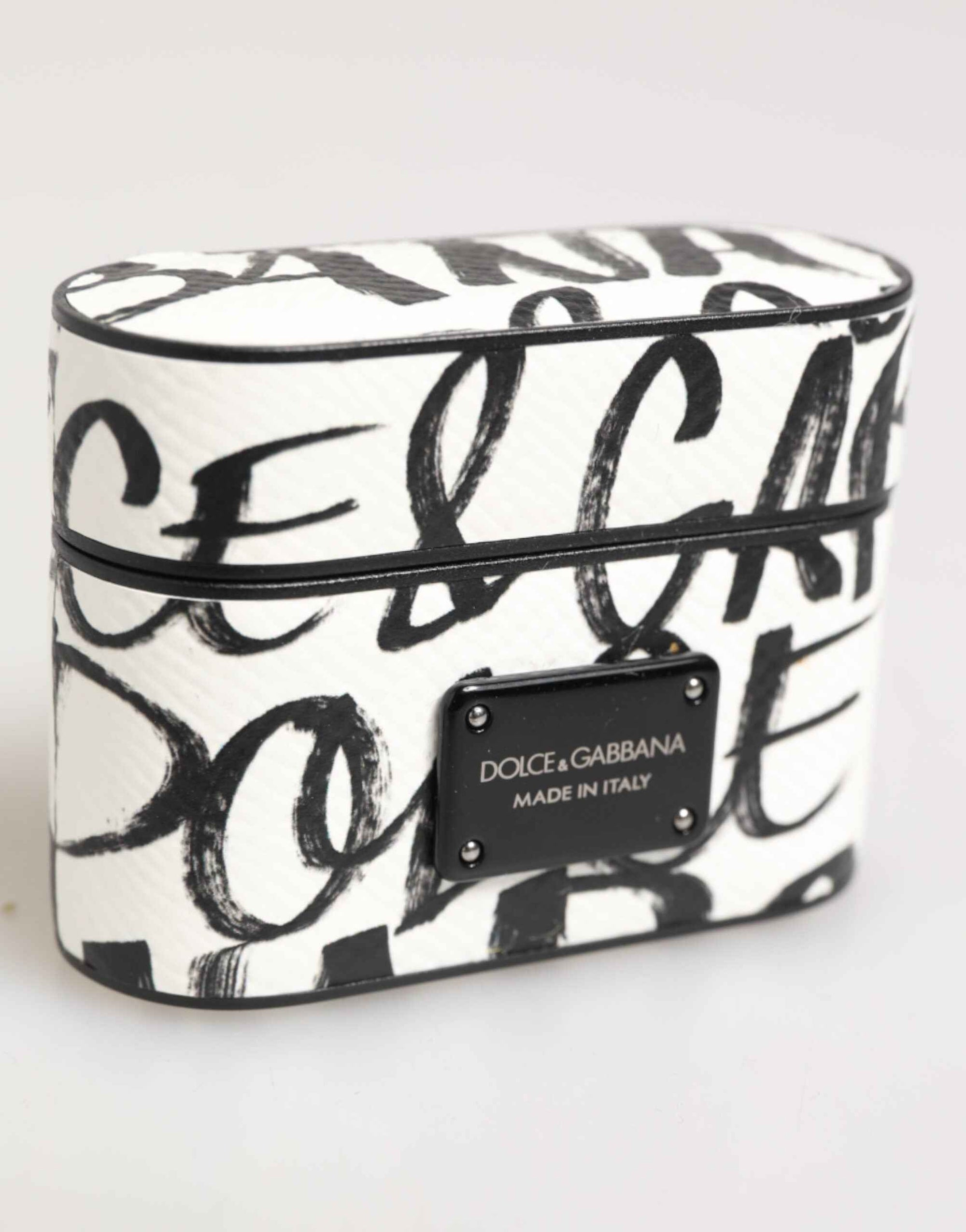 Dolce & Gabbana Black White Leather Monogram Print Logo Holder Airpods Case