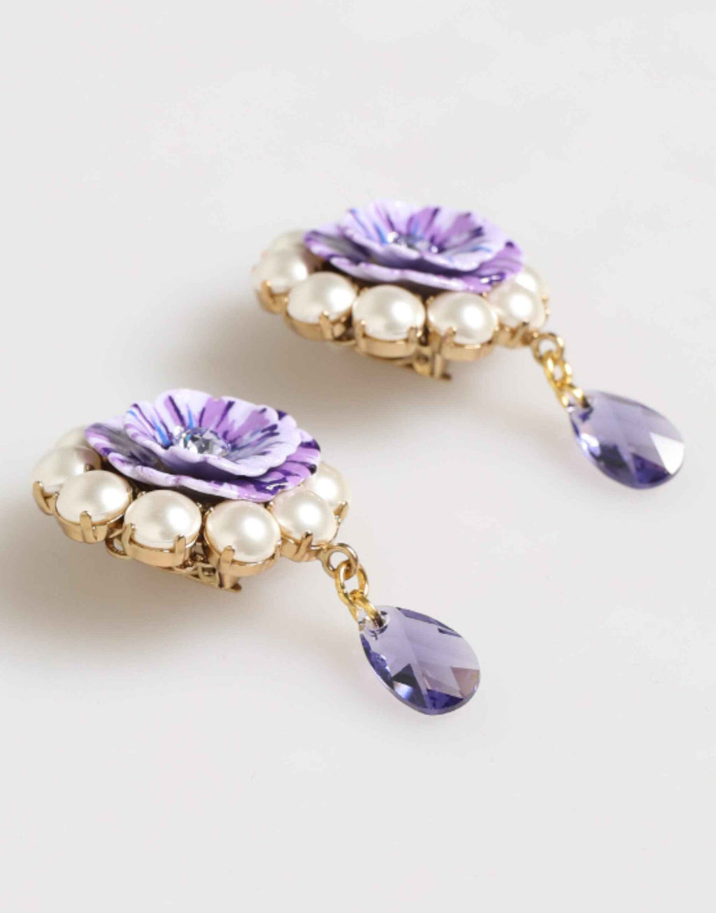 Dolce & Gabbana Purple Floral Crystal Pearl Drop Clip-On Statement Earrings