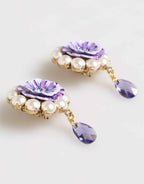 Dolce & Gabbana Purple Floral Crystal Pearl Drop Clip-On Statement Earrings