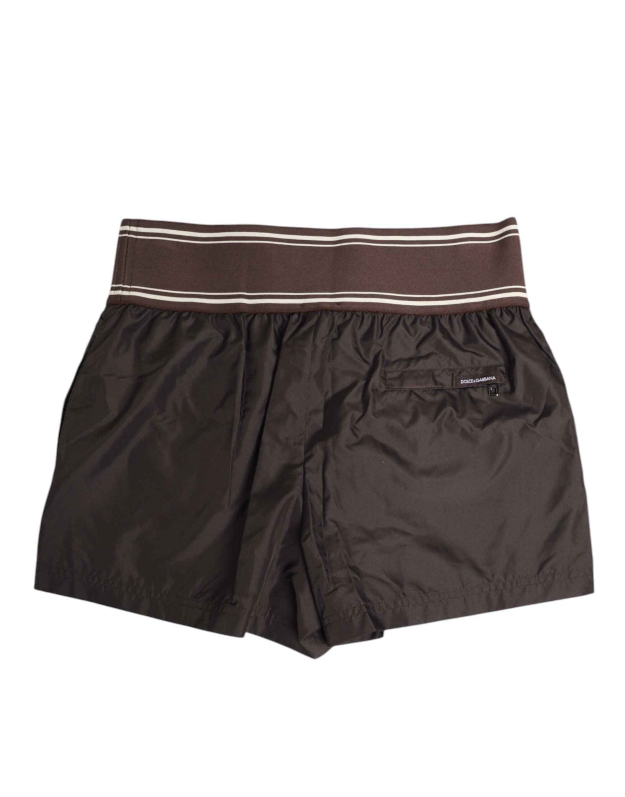 Dolce & Gabbana Brown Polyester Logo Elastic Waistband Swimwear