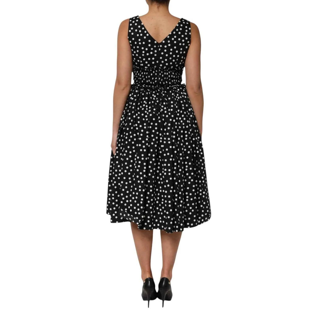 Dolce & Gabbana Black White Cotton Polka Dot Print V Neck Dress