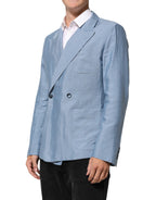 Dolce & Gabbana Light Blue Linen Double Breasted Men Jacket Blazer