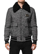 Dolce & Gabbana Gray Wool Herringbone Shearling Collar Bomber Jacket