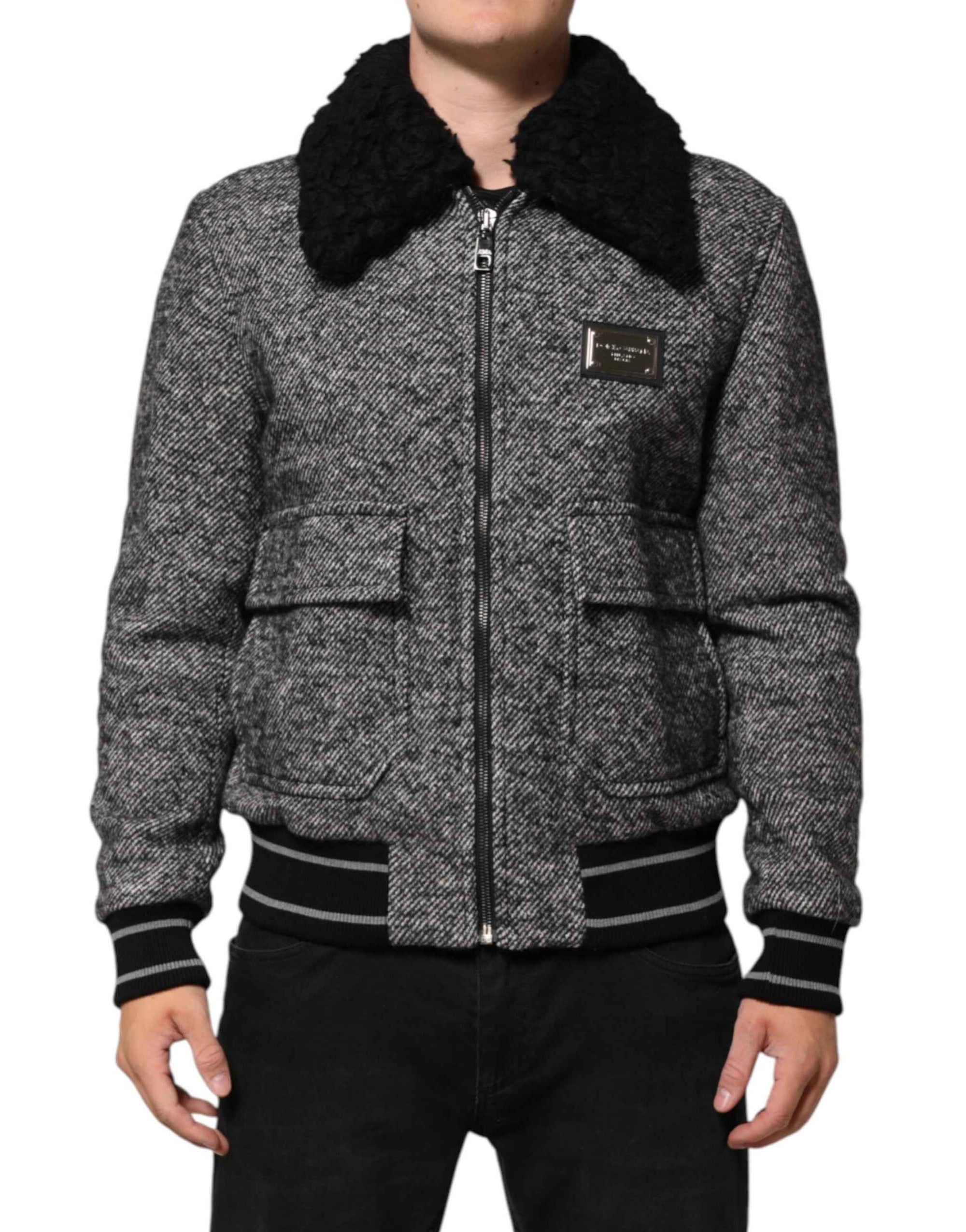 Dolce & Gabbana Gray Wool Herringbone Shearling Collar Bomber Jacket