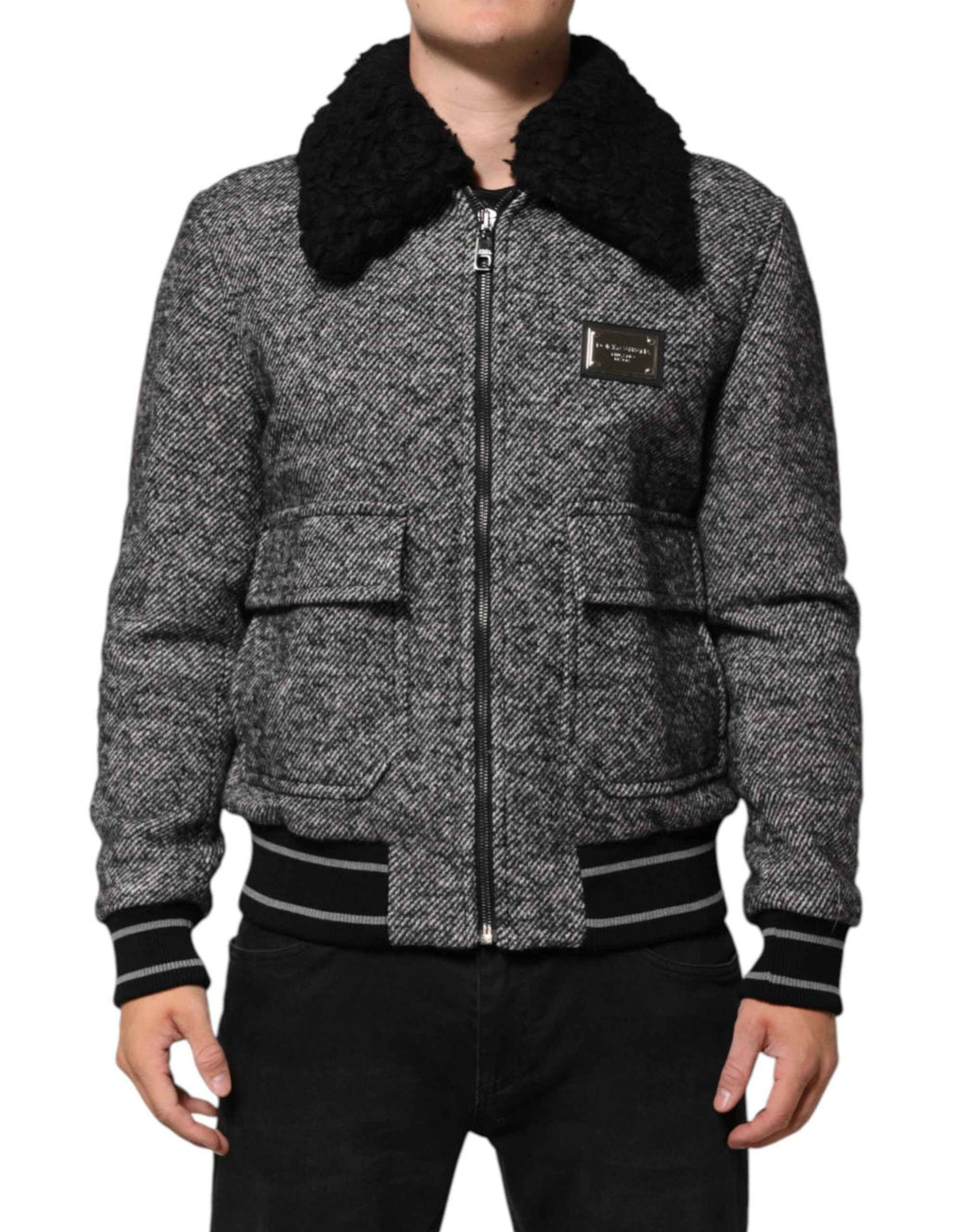 Dolce & Gabbana Gray Wool Herringbone Shearling Collar Bomber Jacket