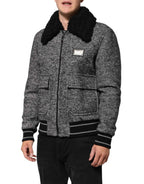 Dolce & Gabbana Gray Wool Herringbone Shearling Collar Bomber Jacket