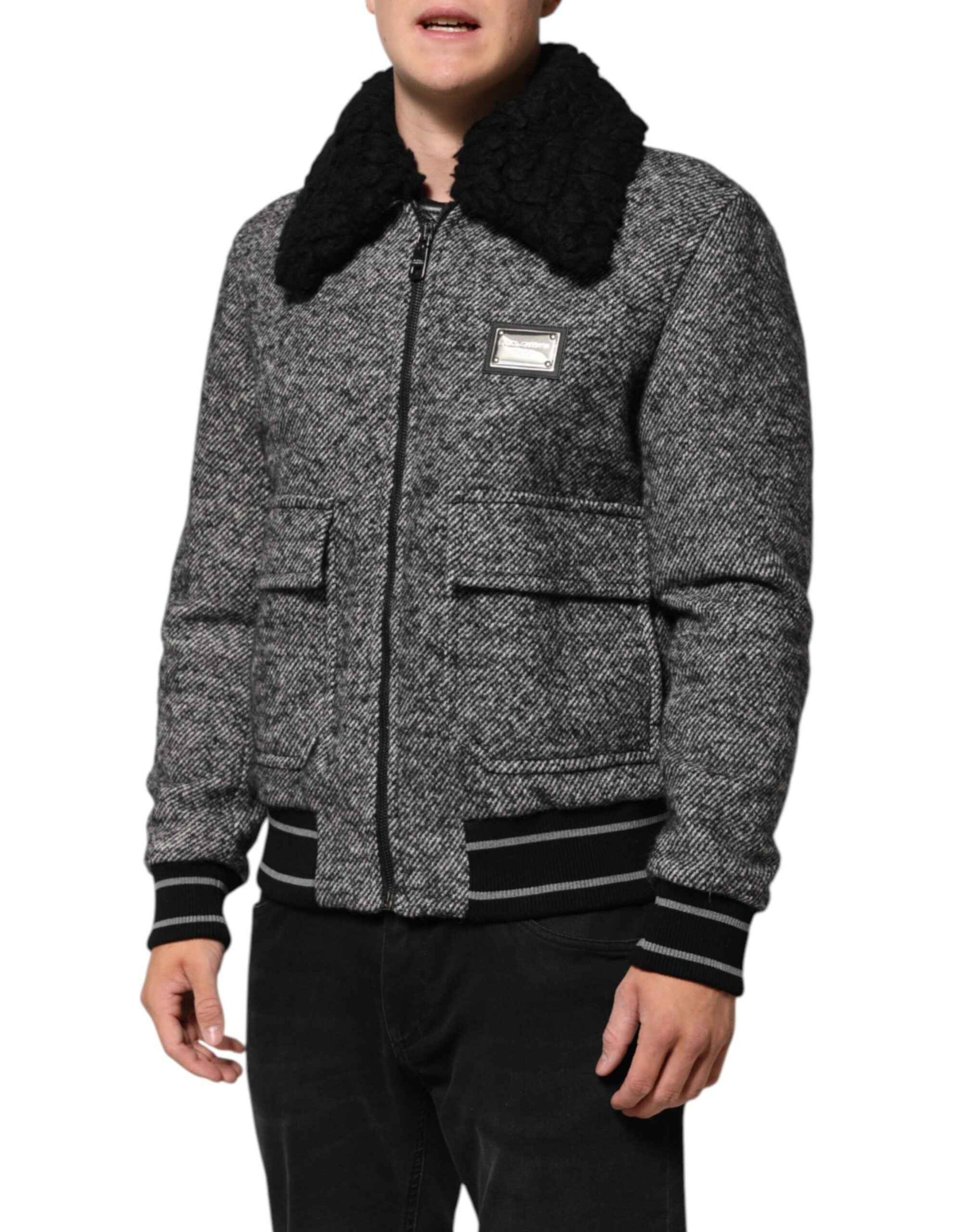 Dolce & Gabbana Gray Wool Herringbone Shearling Collar Bomber Jacket