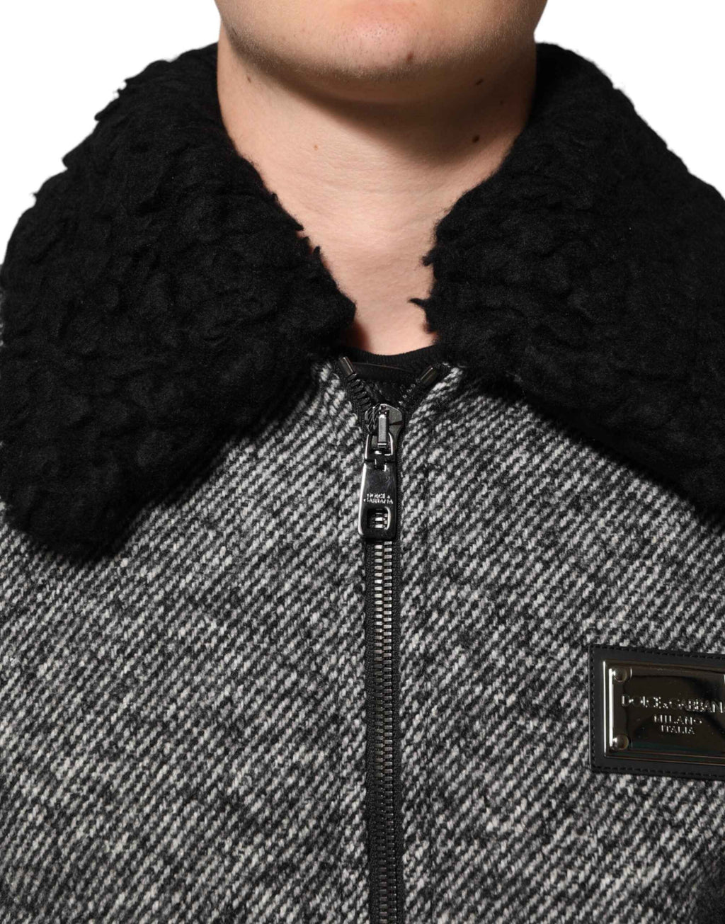 Dolce & Gabbana Gray Wool Herringbone Shearling Collar Bomber Jacket