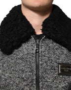 Dolce & Gabbana Gray Wool Herringbone Shearling Collar Bomber Jacket