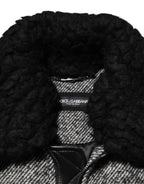 Dolce & Gabbana Gray Wool Herringbone Shearling Collar Bomber Jacket