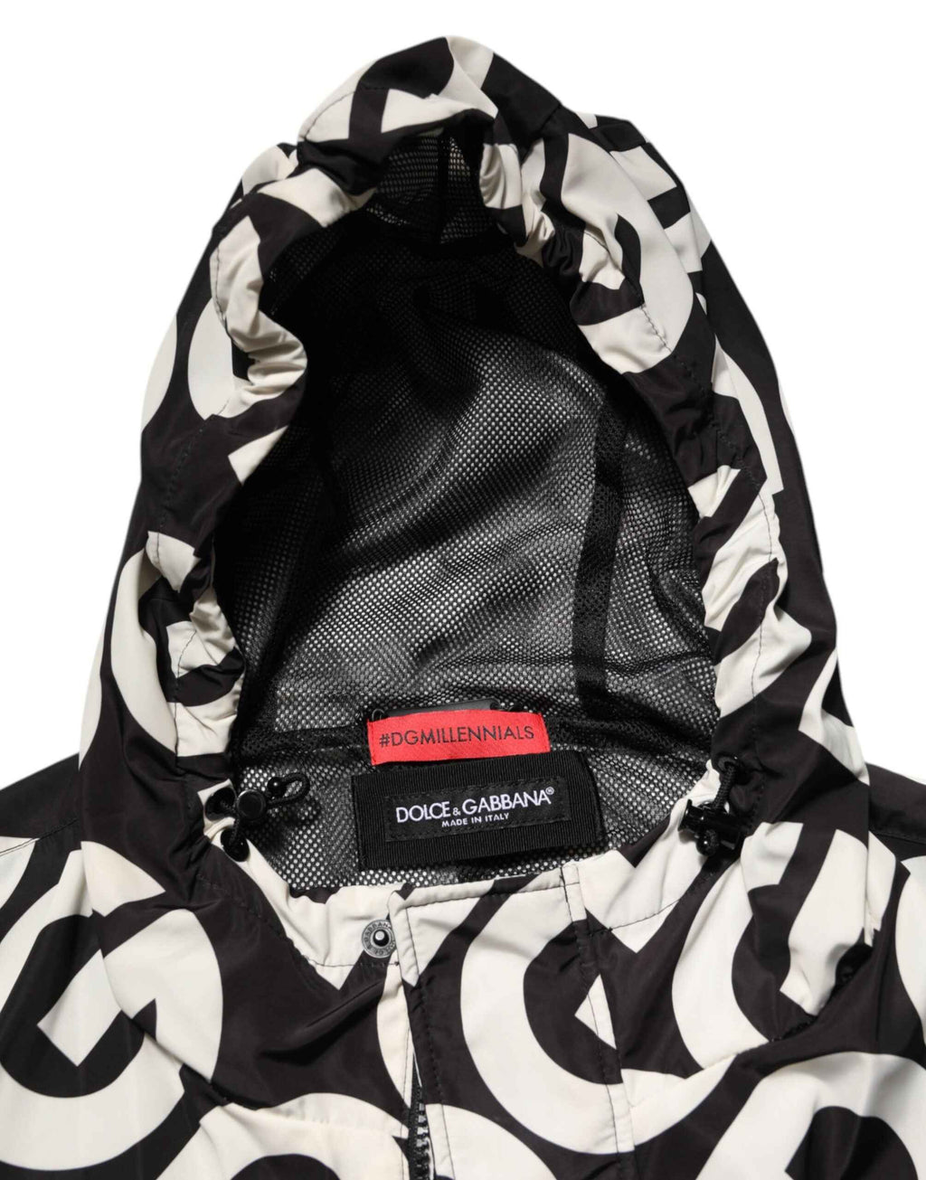 Dolce & Gabbana Black White Logo Print Hooded Coat Men Jacket