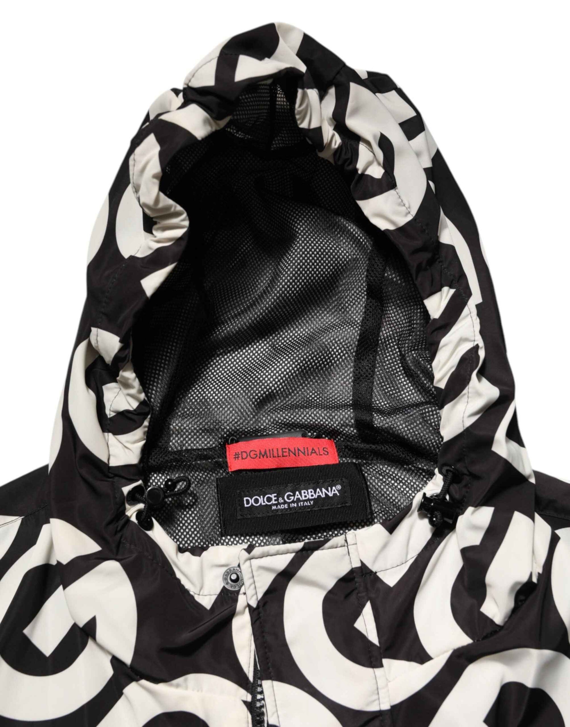 Dolce & Gabbana Black White Logo Print Hooded Coat Men Jacket