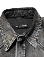 Dolce & Gabbana Black Washed Cotton Snap Long Sleeve Casual Shirt