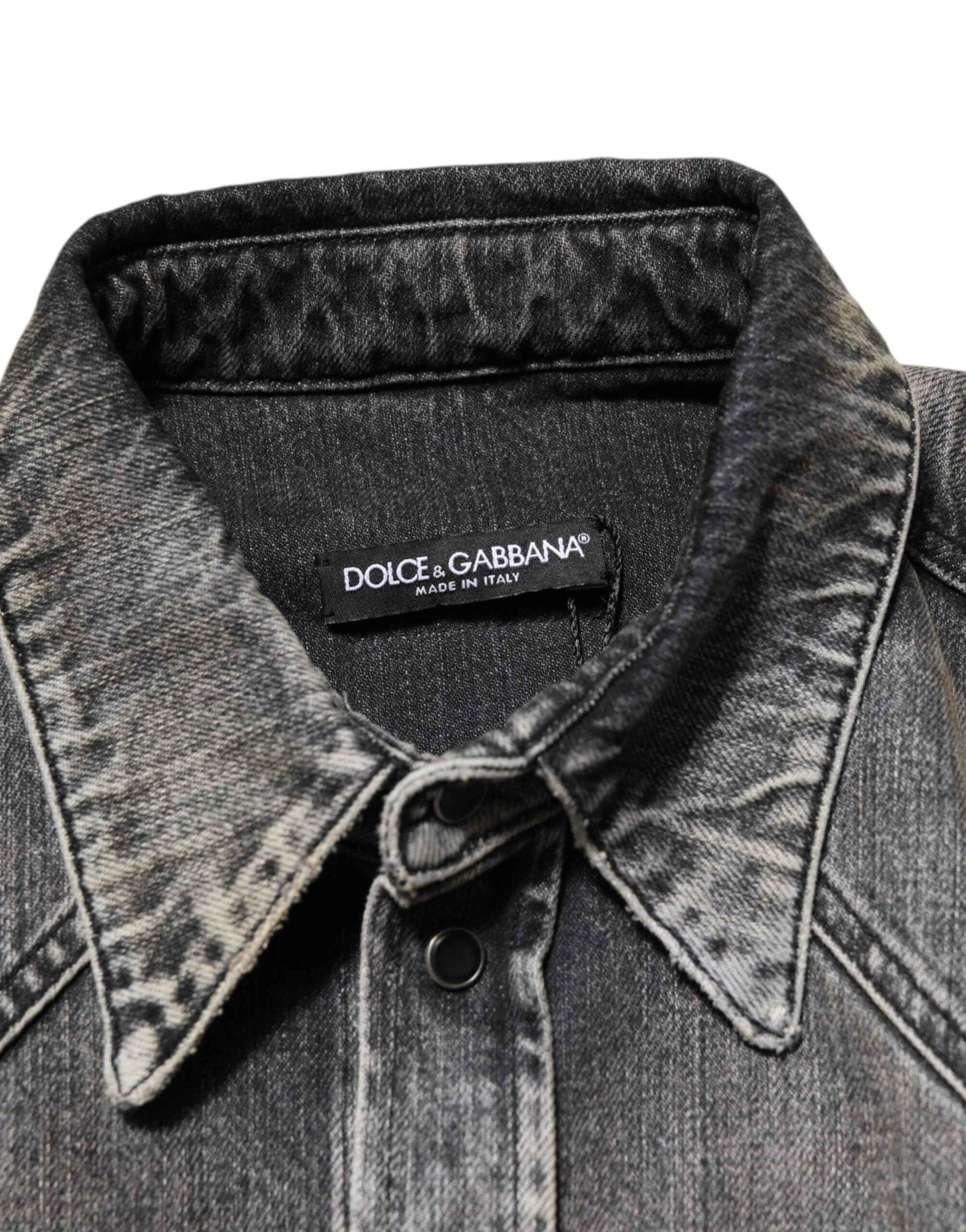 Dolce & Gabbana Black Washed Cotton Snap Long Sleeve Casual Shirt
