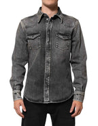 Dolce & Gabbana Black Washed Cotton Snap Long Sleeve Casual Shirt