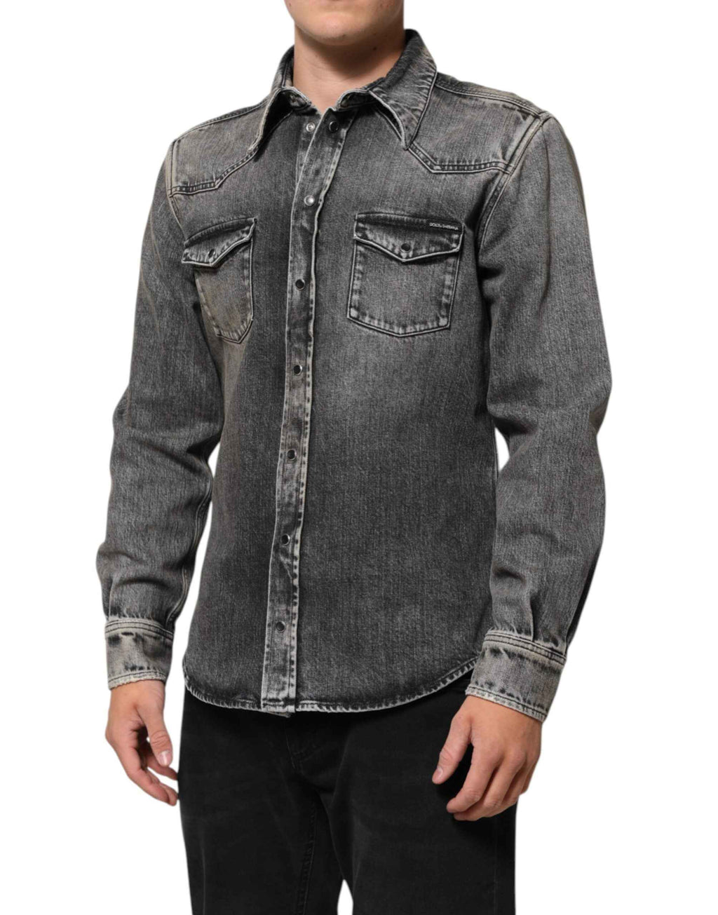Dolce & Gabbana Black Washed Cotton Snap Long Sleeve Casual Shirt