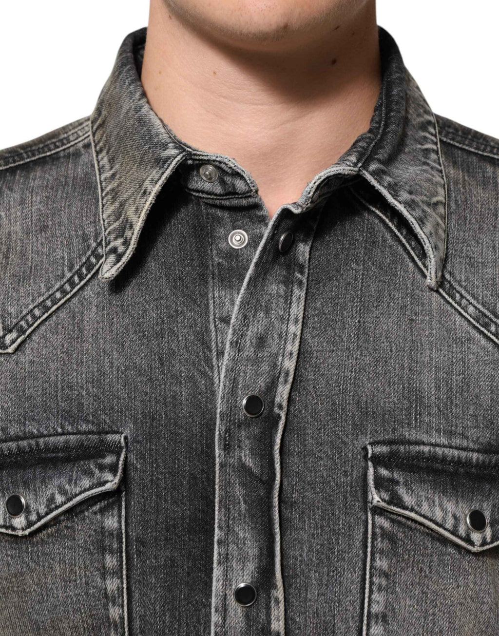 Dolce & Gabbana Black Washed Cotton Snap Long Sleeve Casual Shirt