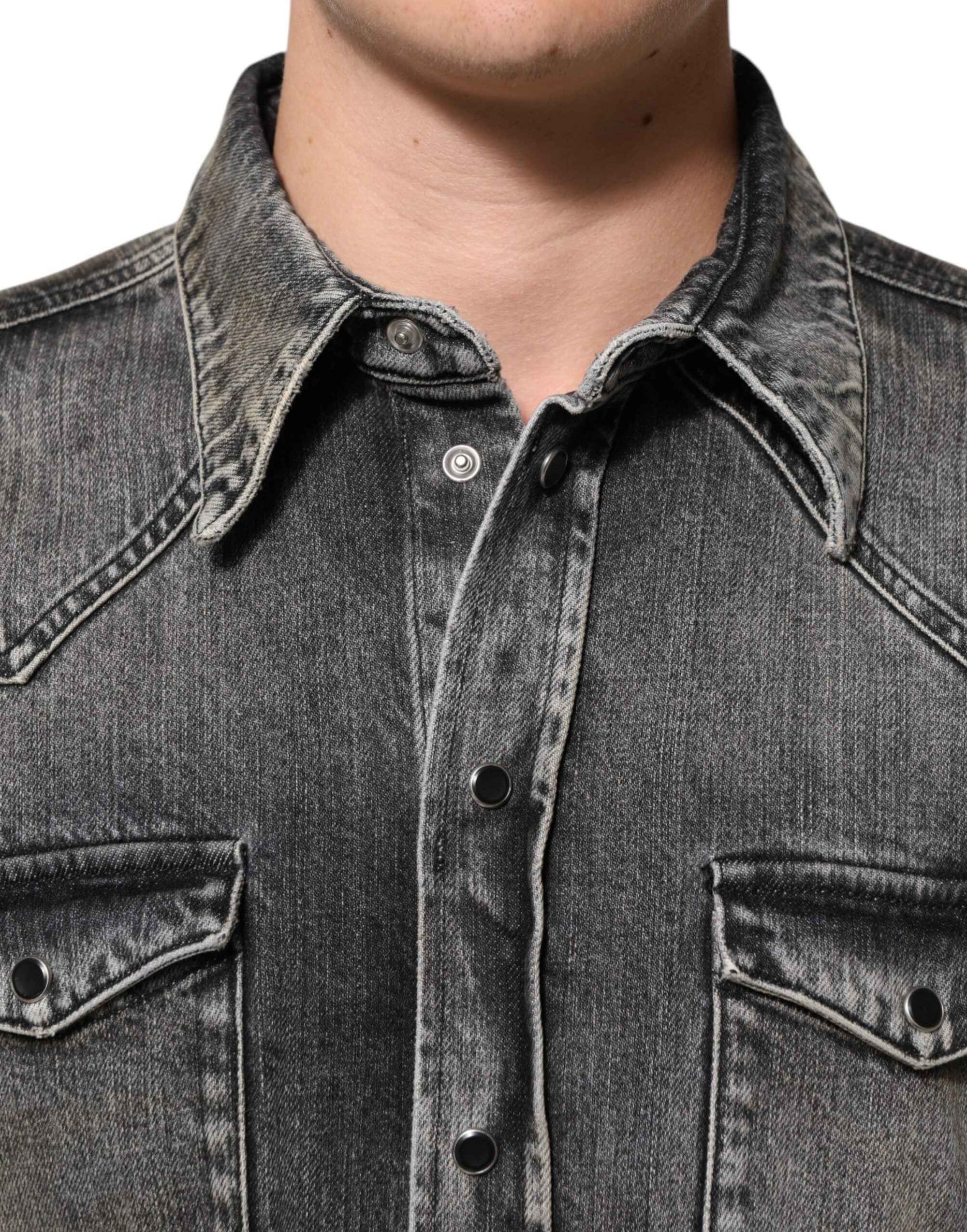 Dolce & Gabbana Black Washed Cotton Snap Long Sleeve Casual Shirt