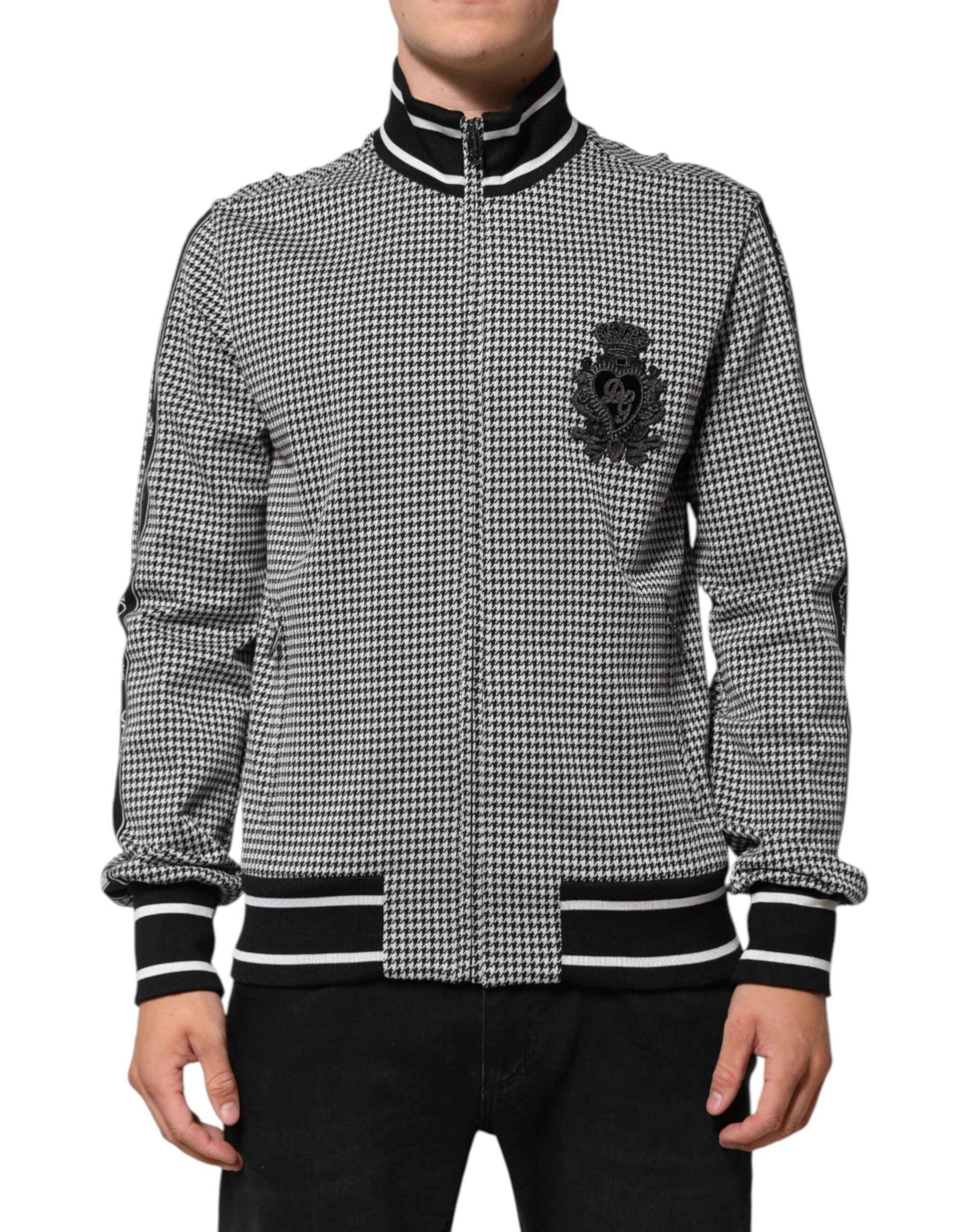 Dolce & Gabbana Black White Houndstooth Wool Crest Jacket Sweater