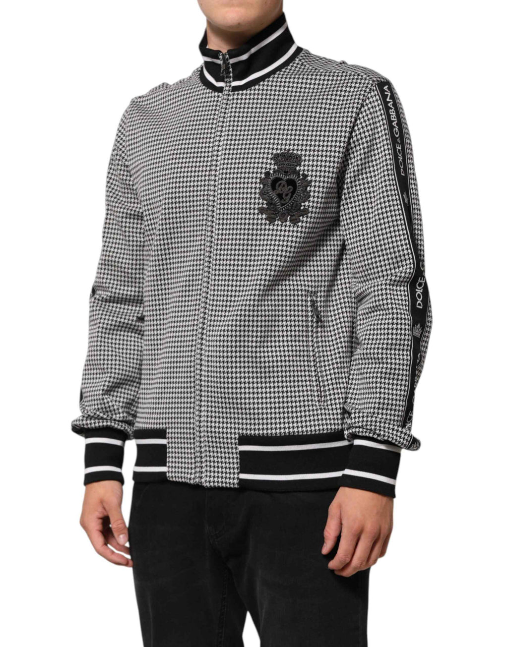 Dolce & Gabbana Black White Houndstooth Wool Crest Jacket Sweater