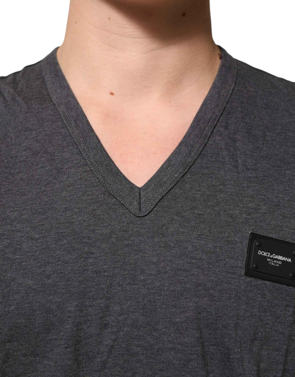 Dolce & Gabbana Grey Cotton V-Neck Logo Plaque Melange T-Shirt