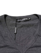 Dolce & Gabbana Grey Cotton V-Neck Logo Plaque Melange T-Shirt