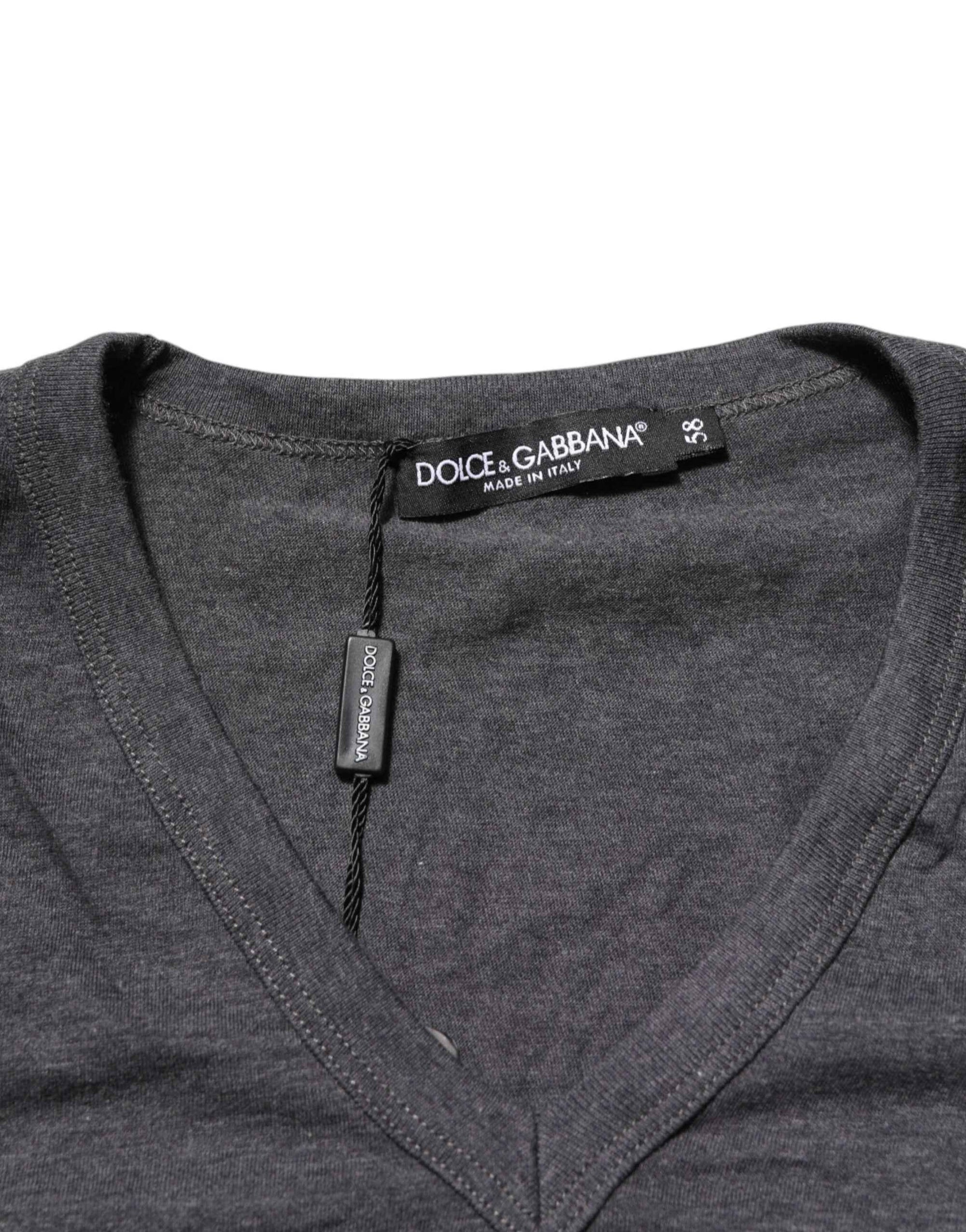 Dolce & Gabbana Grey Cotton V-Neck Logo Plaque Melange T-Shirt