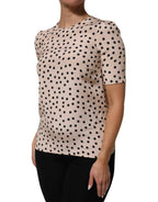 Dolce & Gabbana Beige Black Polka Dot Silk Short Sleeve Blouse Top