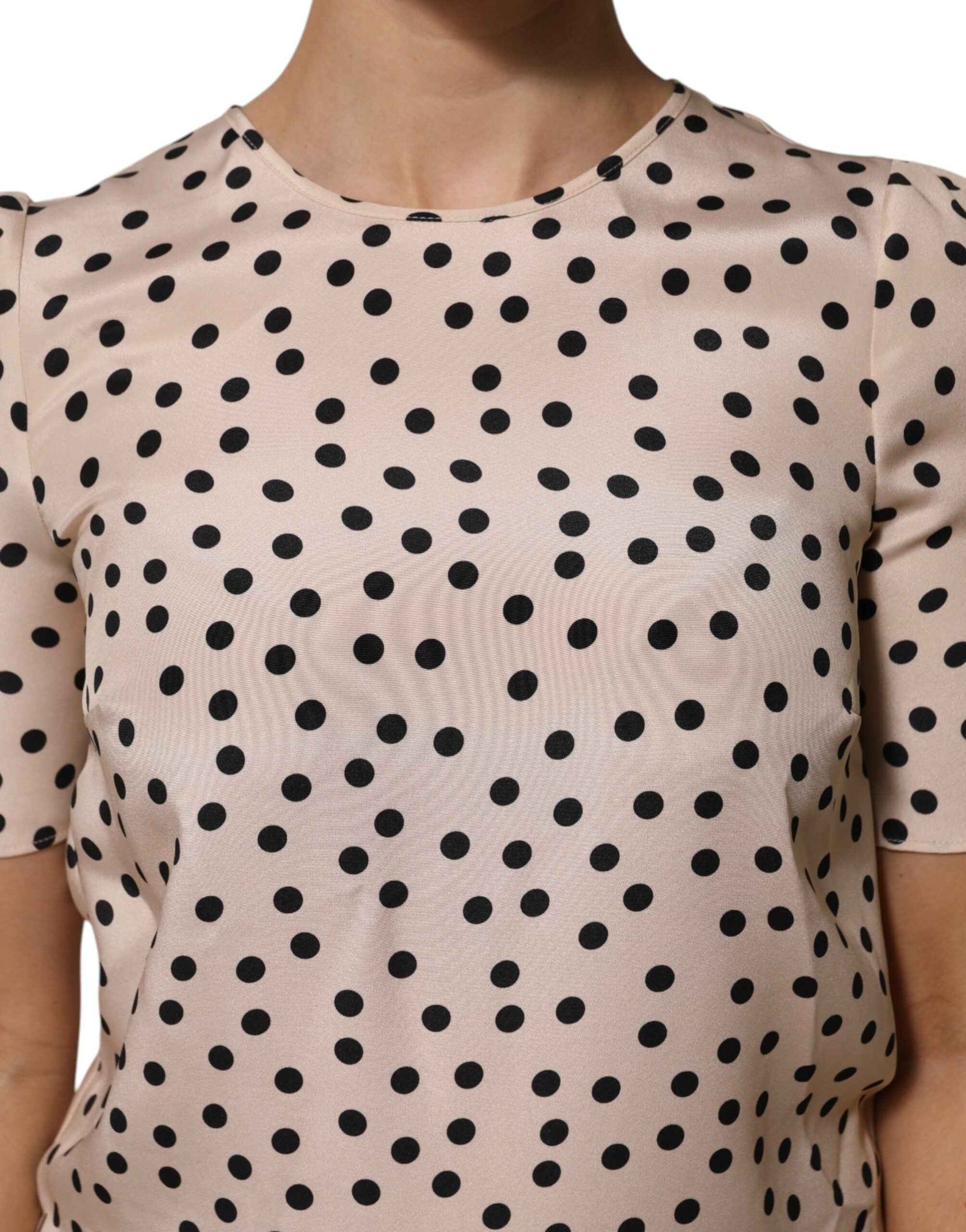 Dolce & Gabbana Beige Black Polka Dot Silk Short Sleeve Blouse Top