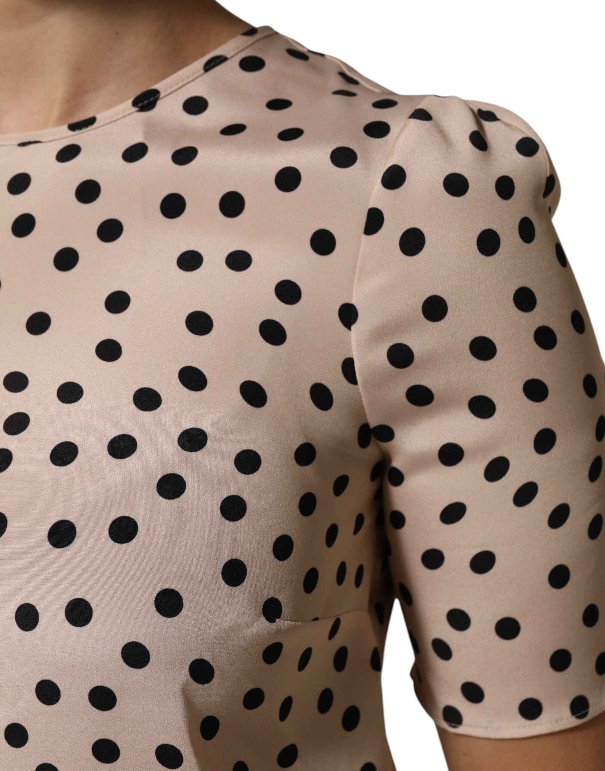 Dolce & Gabbana Beige Black Polka Dot Silk Short Sleeve Blouse Top