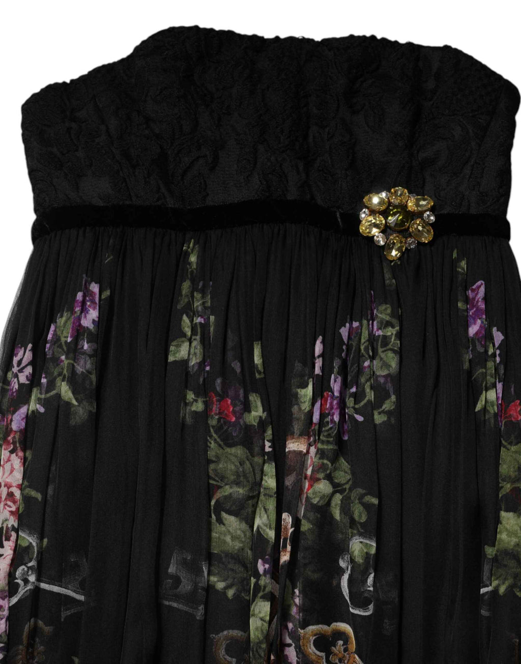 Dolce & Gabbana Black Floral Key Print Crystal Strapless Dress