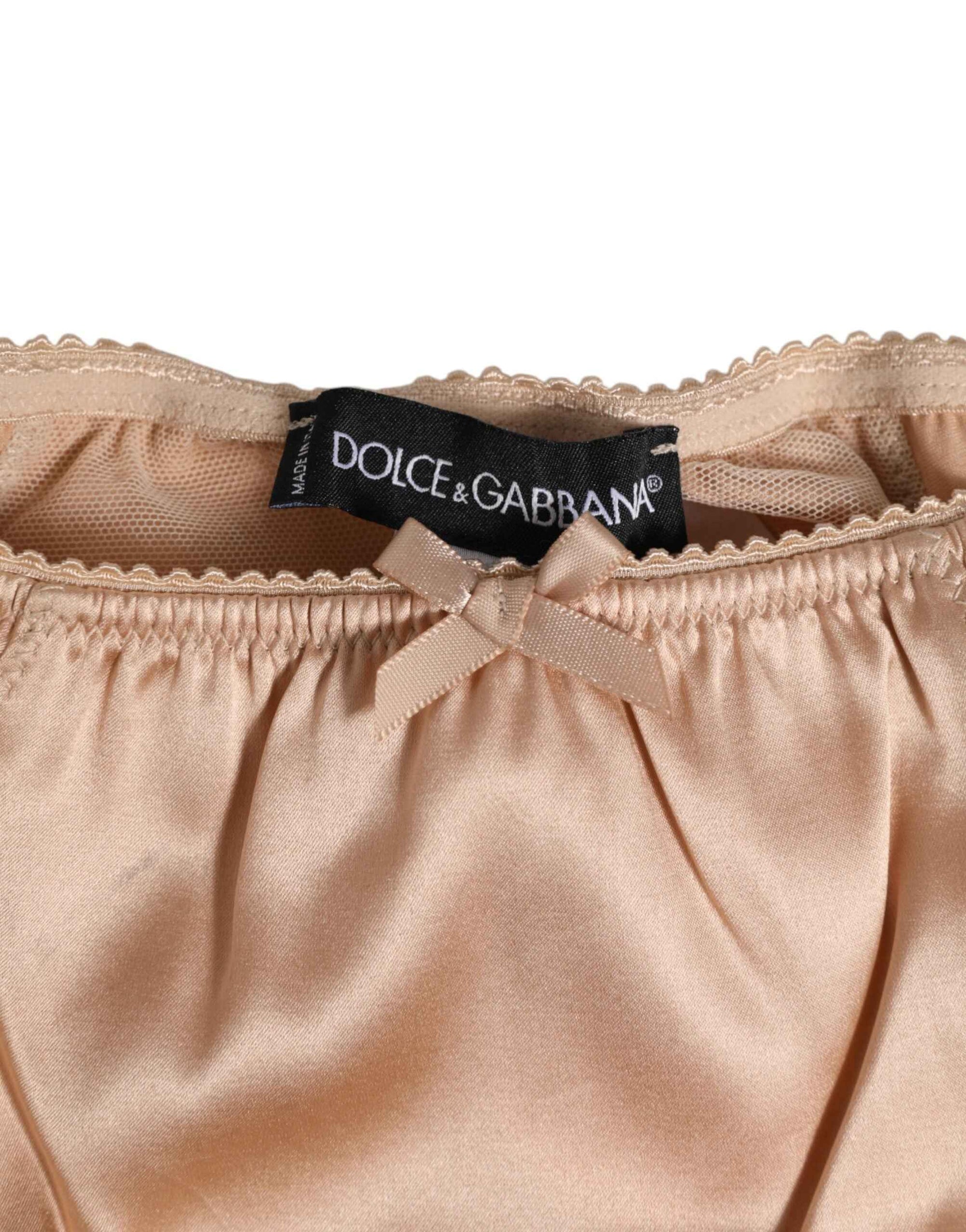 Dolce & Gabbana Nude Beige Silk Satin Bow Lace Trim Underwear