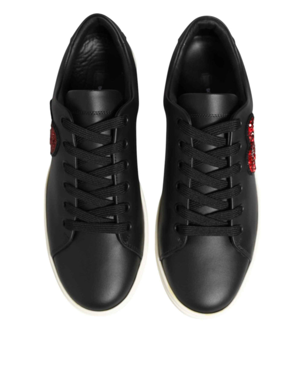 Dolce & Gabbana Black White Leather Crystal Heart Sneakers Shoes