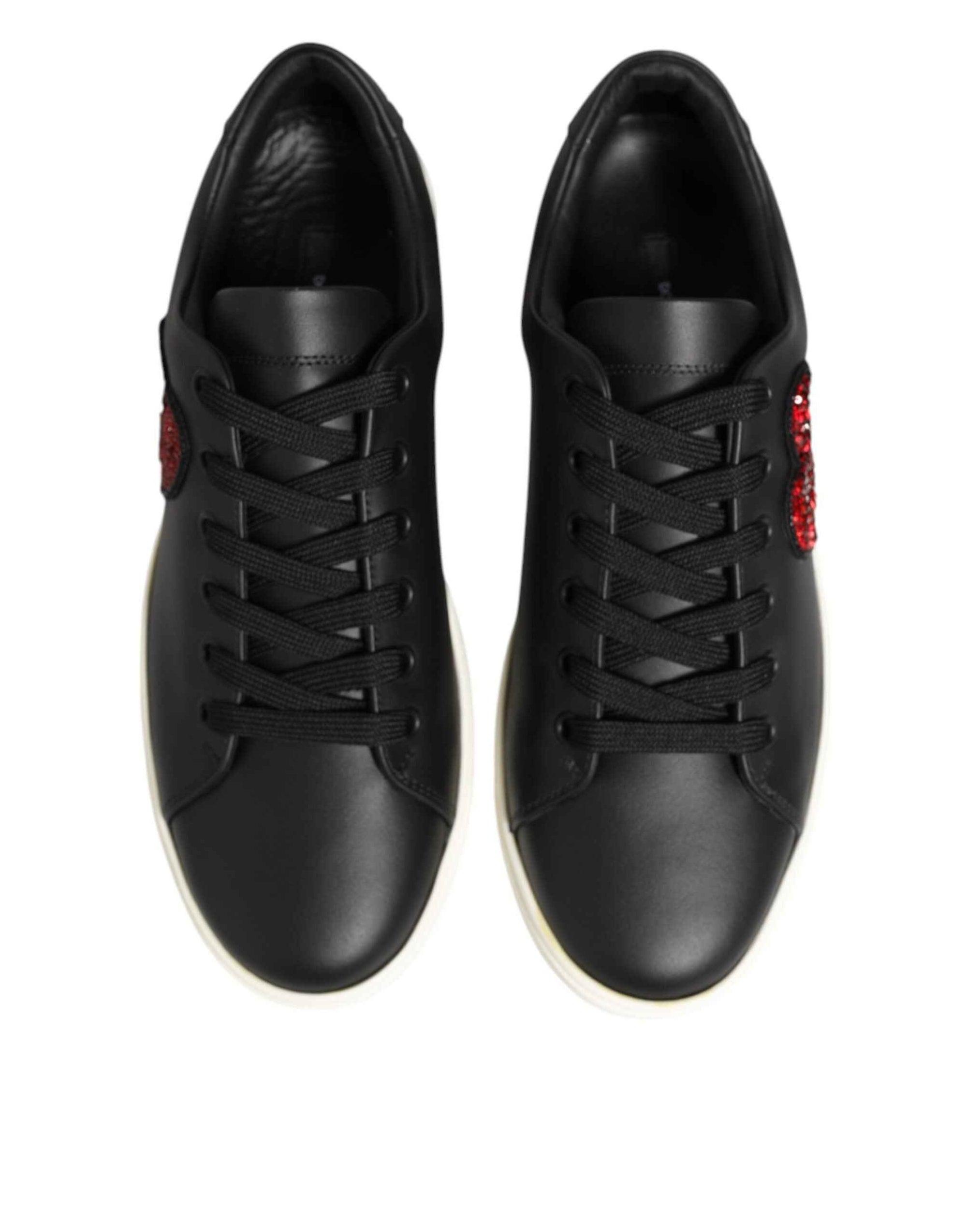 Dolce & Gabbana Black White Leather Crystal Heart Sneakers Shoes