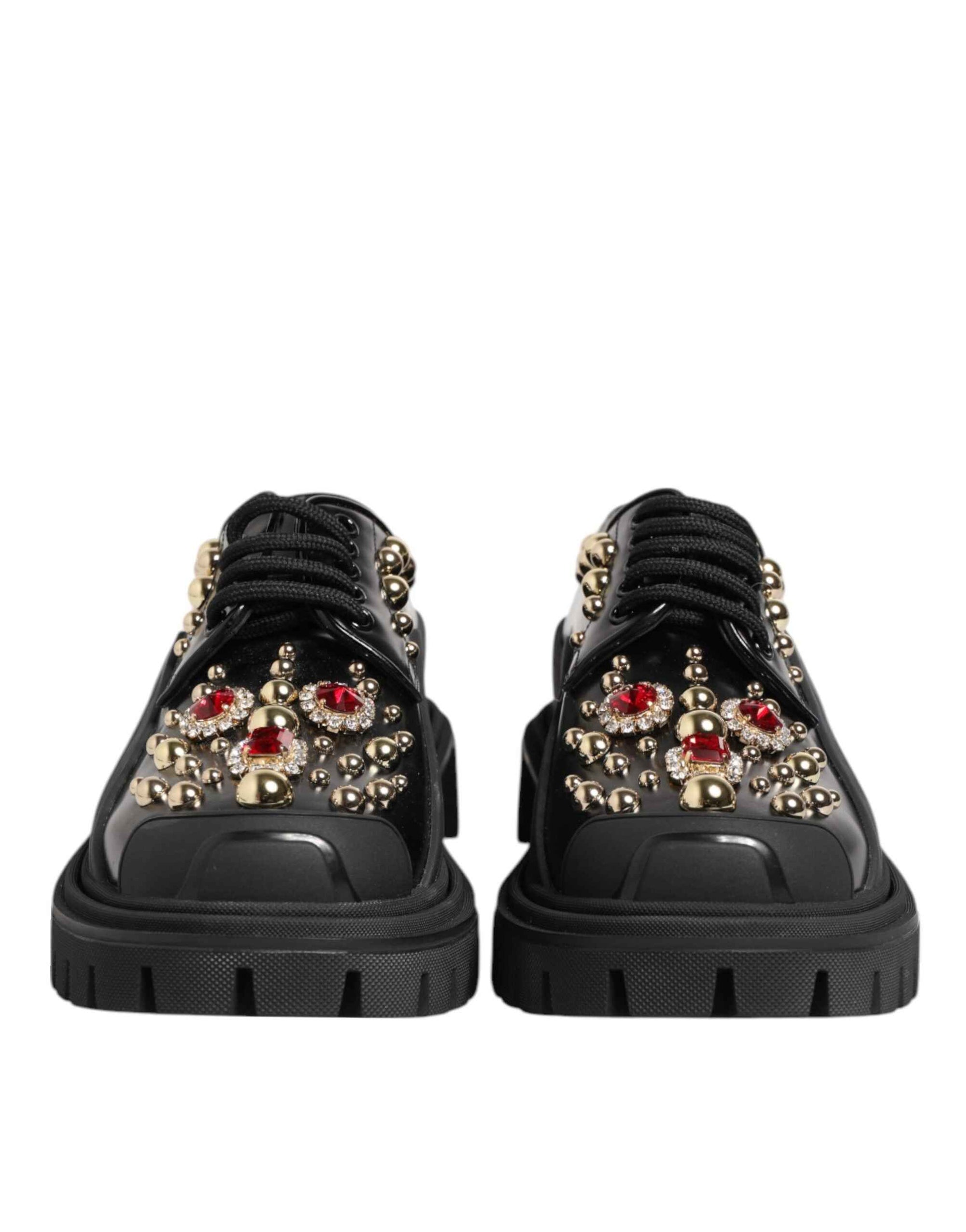 Dolce & Gabbana Black Leather Jeweled Crystals Derby Shoes