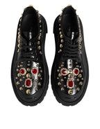 Dolce & Gabbana Black Leather Jeweled Crystals Derby Shoes