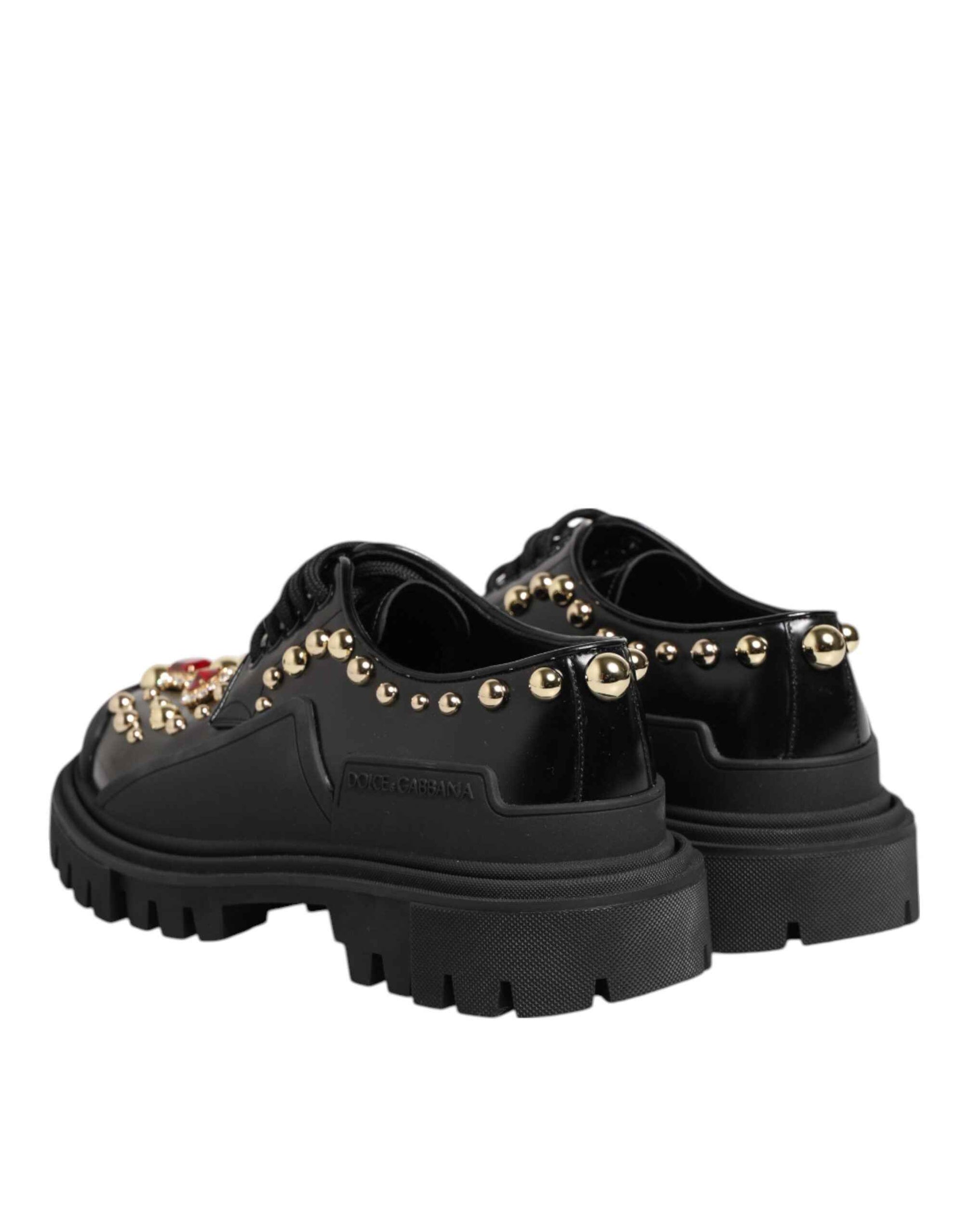 Dolce & Gabbana Black Leather Jeweled Crystals Derby Shoes