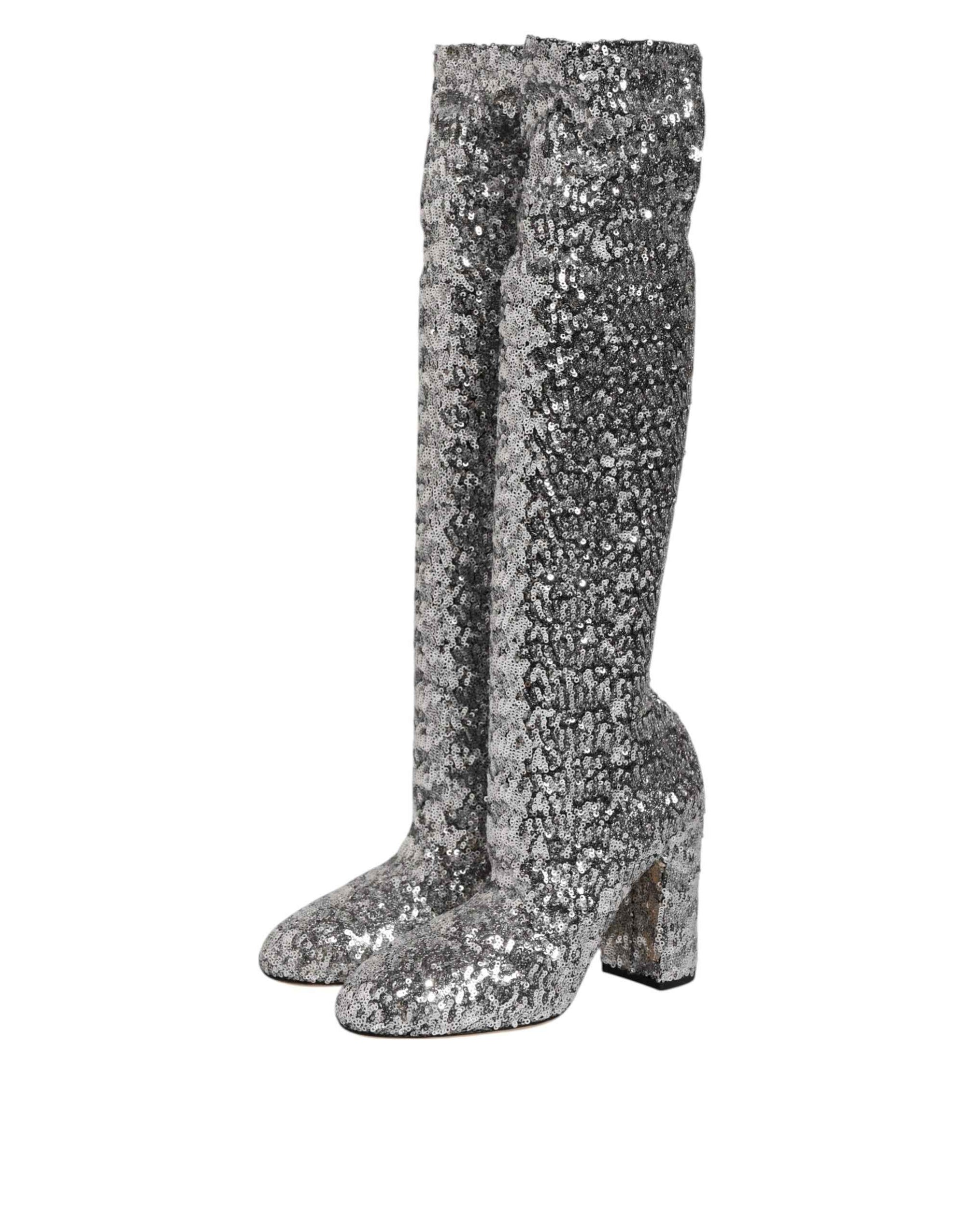 Dolce & Gabbana Shoes Silver Sequins Glitter High Heel Boot Shoes