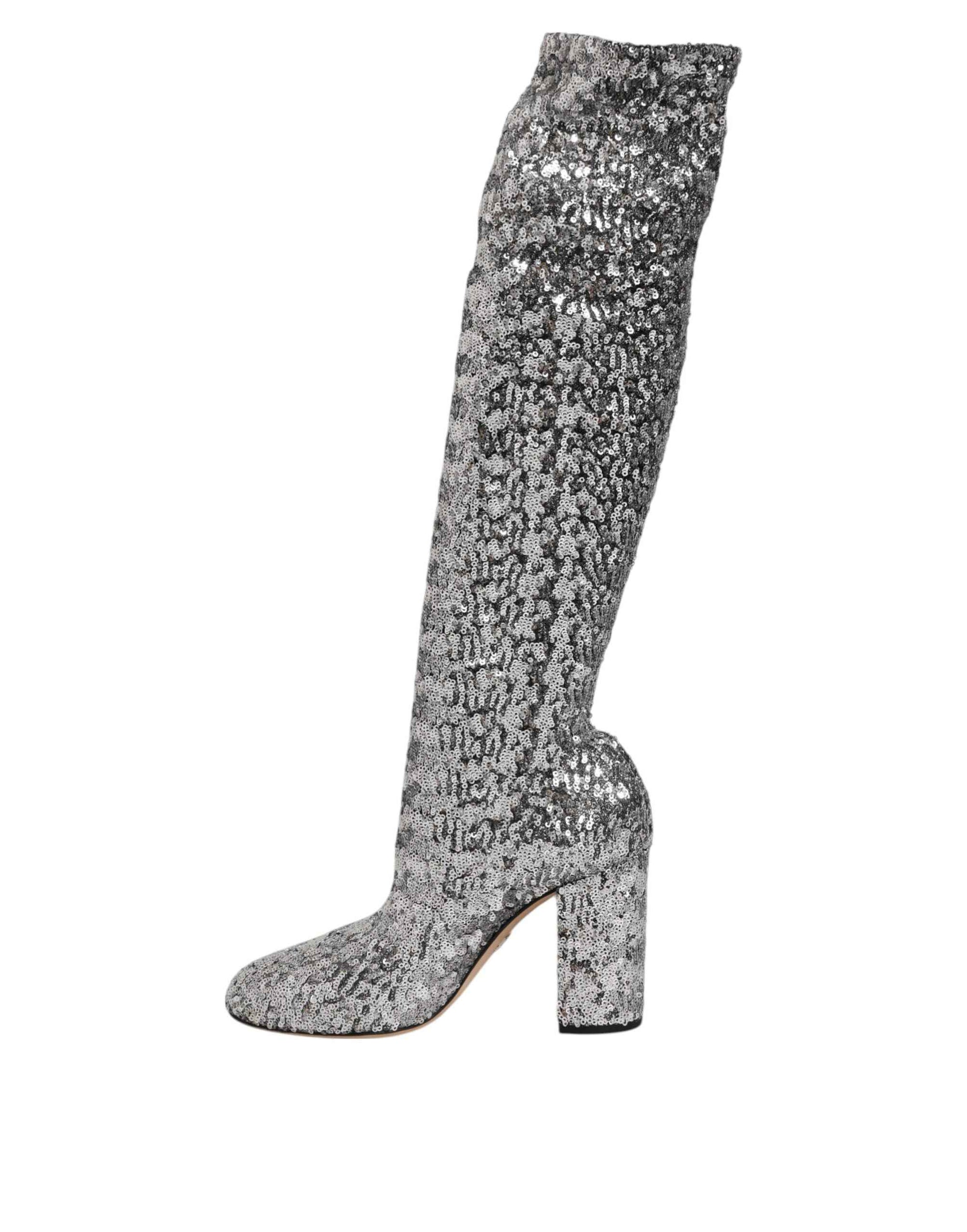 Dolce & Gabbana Shoes Silver Sequins Glitter High Heel Boot Shoes