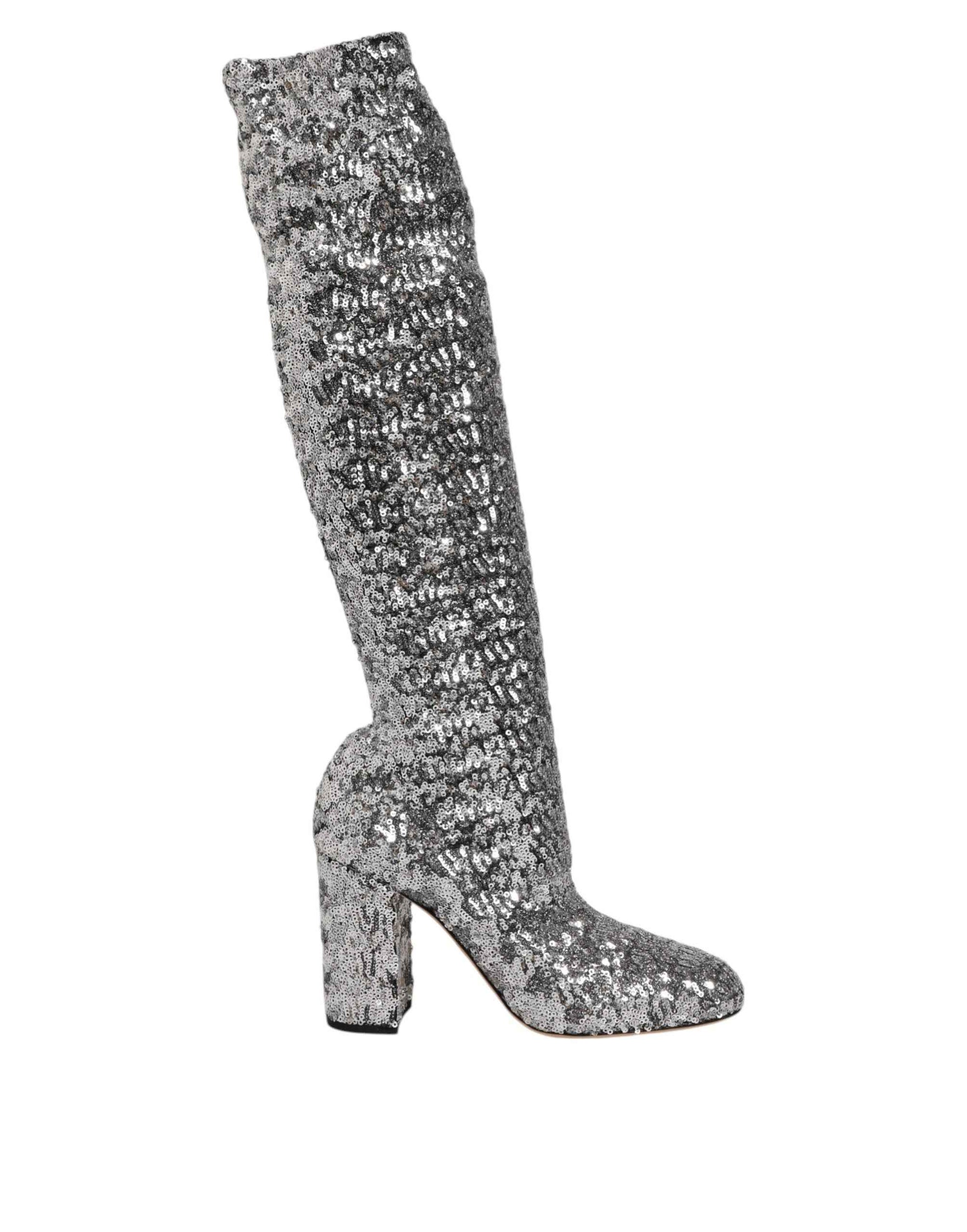 Dolce & Gabbana Shoes Silver Sequins Glitter High Heel Boot Shoes