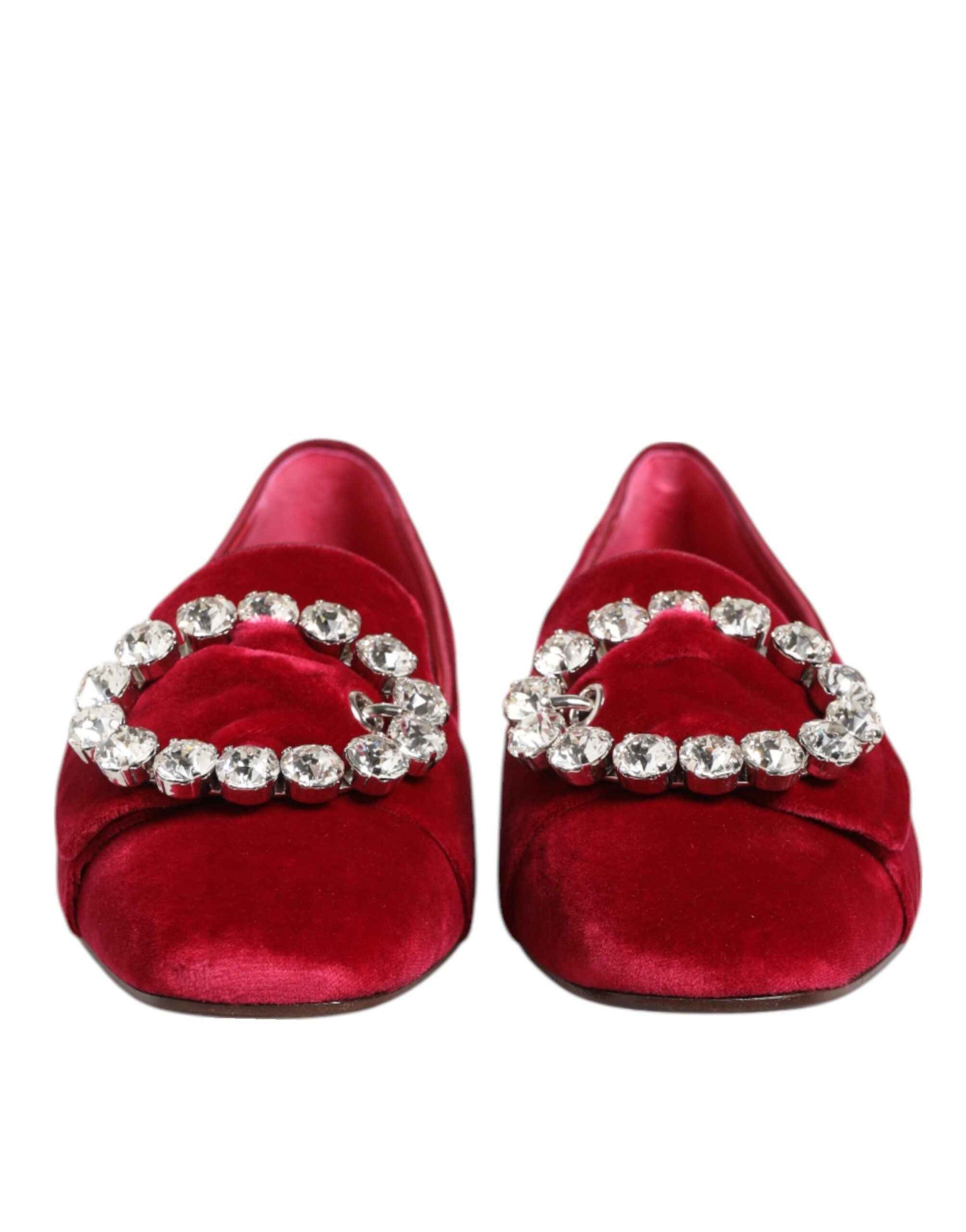 Dolce & Gabbana Red Velvet Crystal Buckle Loafers Flats Shoes