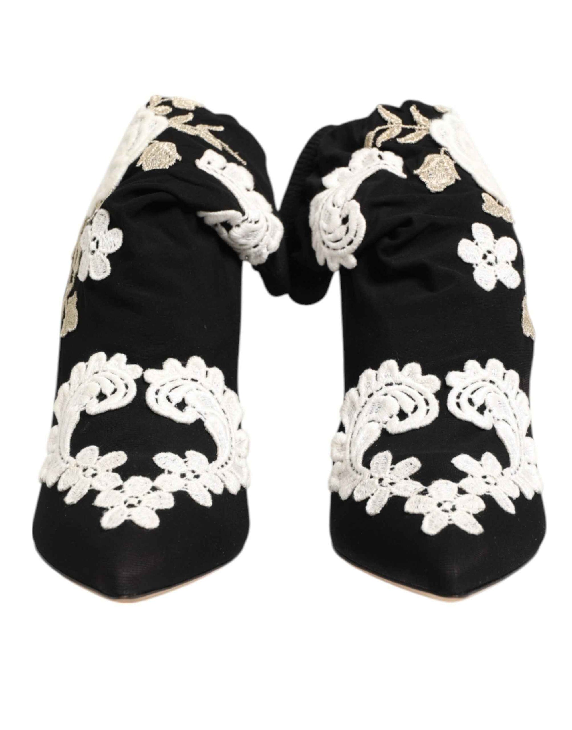 Dolce & Gabbana Black White Embroidered Jersey Stiletto Boots Shoes