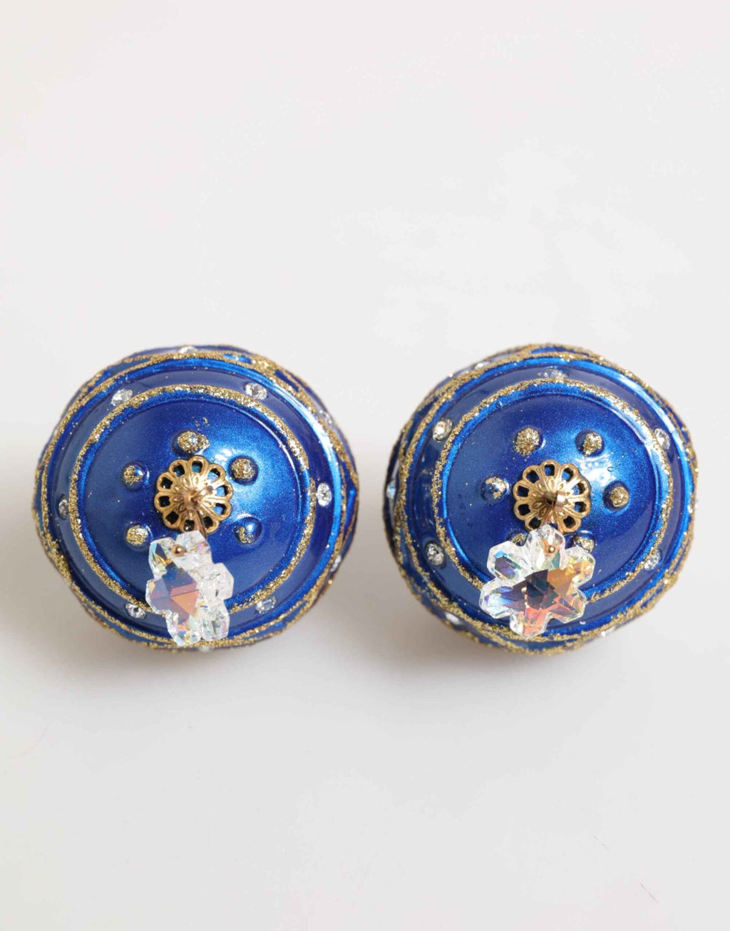 Dolce & Gabbana Gold Brass Blue Christmas Ball Crystal Drop Clip On Earrings