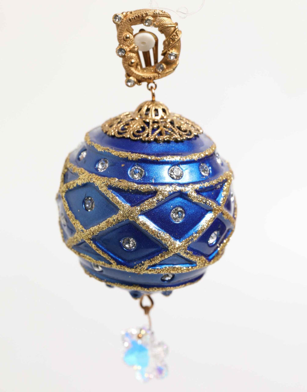 Dolce & Gabbana Gold Brass Blue Christmas Ball Crystal Drop Clip On Earrings