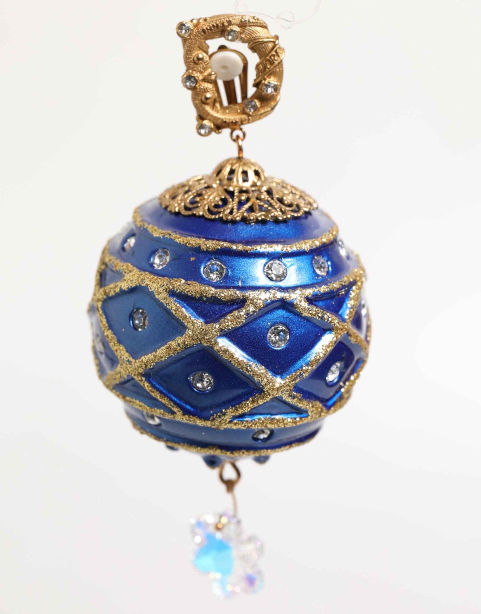 Dolce & Gabbana Gold Brass Blue Christmas Ball Crystal Drop Clip On Earrings