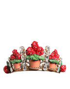 Dolce & Gabbana Red Floral Flowerpot Crystal Gold Crown Tiara Headband