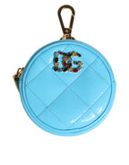Dolce & Gabbana Azure Blue Leather Round Coin Purse Keychain Crystal Logo Wallet